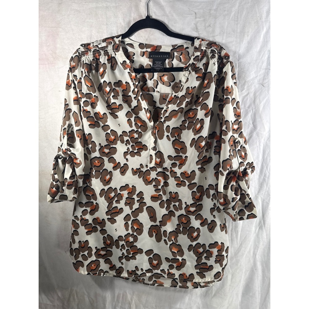 Attention Leopard Print Blouse Womens XL Brown White Animal Roll Tab Sleeve Top